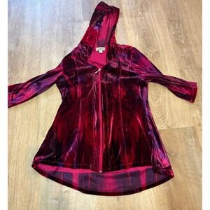 One World Red Purple Velvet Hooded Full Zip 3/4 Sleeve Tunic Top Size S